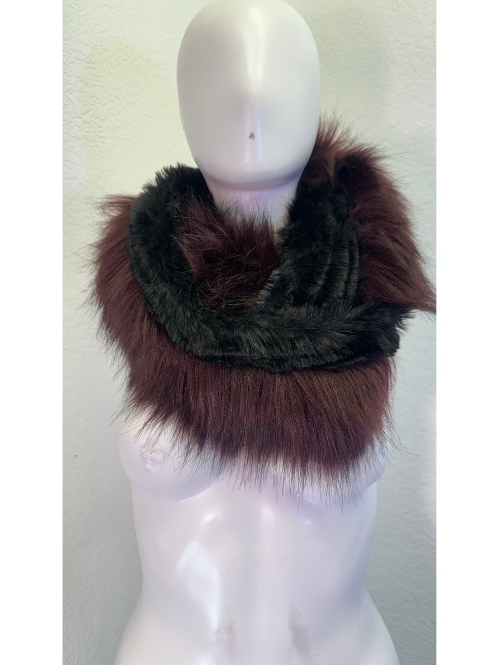 Faux Fur Two-Toned Infinity Scarf Burgundy & Black Target Stole Fluffy 64”